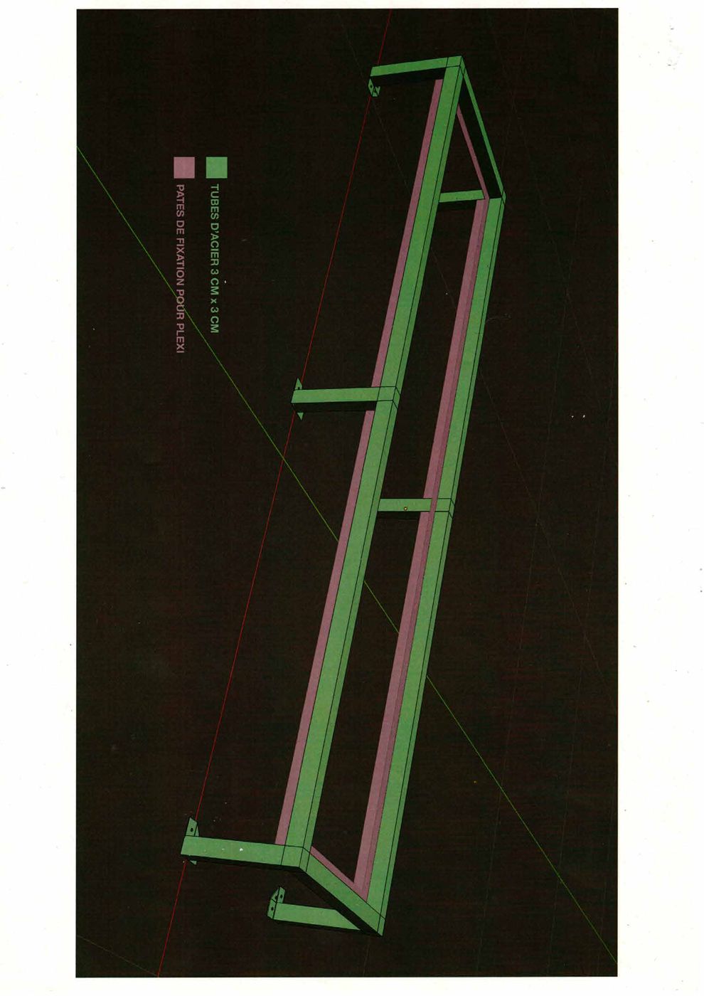 Plan technique 3D du curb : structure métallique et plexiglas